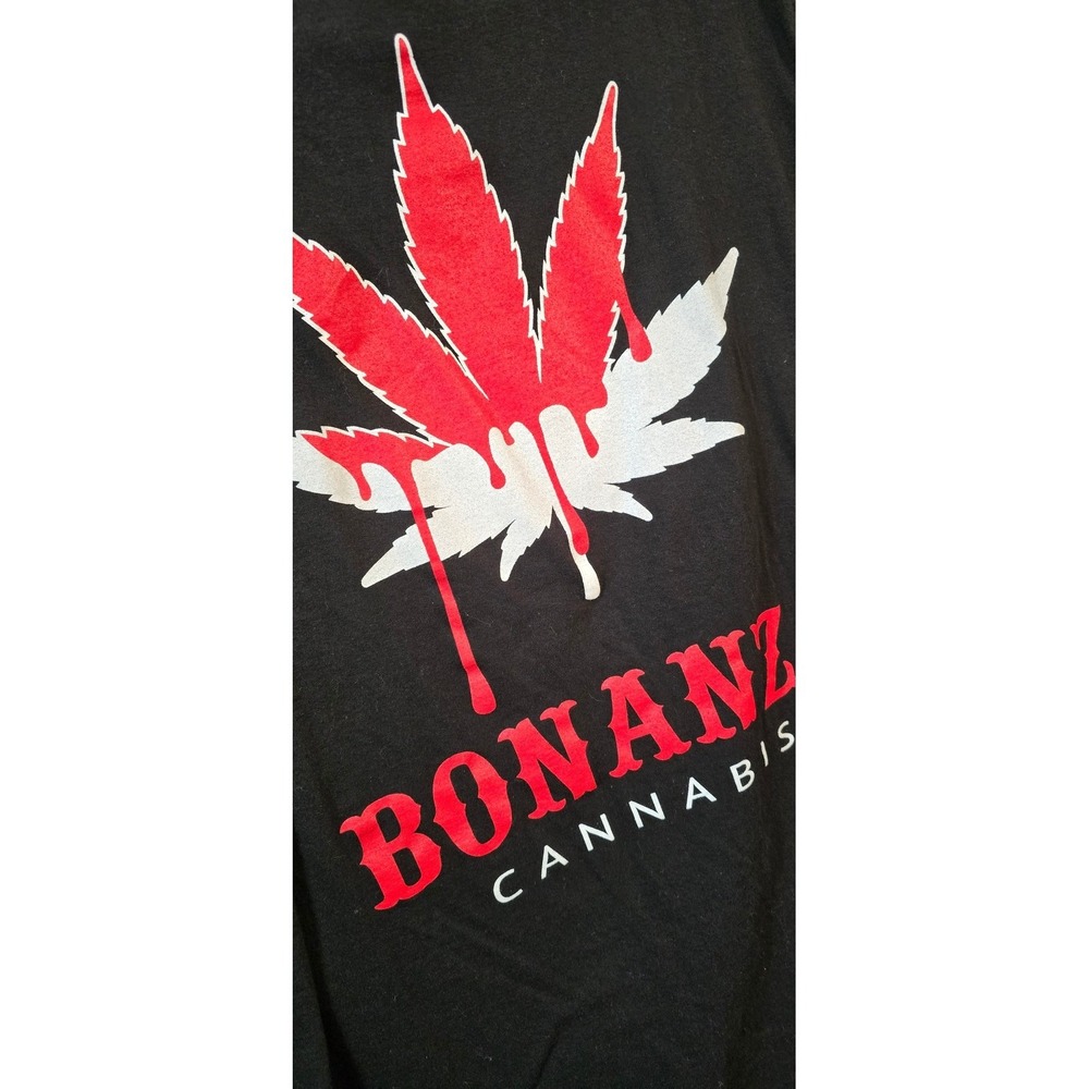 NEW L Bonanza Cannabis T-Shirt Graphic Print‎ Short Sleeve Black Tee red drips